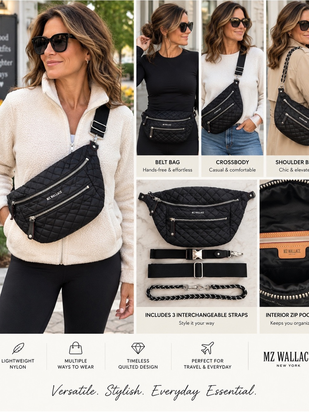 MZ Wallace Black Crosby Crossbody Sling Belt Bag with Silver Hardware -3 Straps